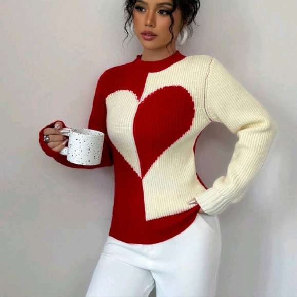 Women Crew Neck Long Sleeve Heart Pattern Detail Colorblock Casual Sweater - Picture 4 of 4